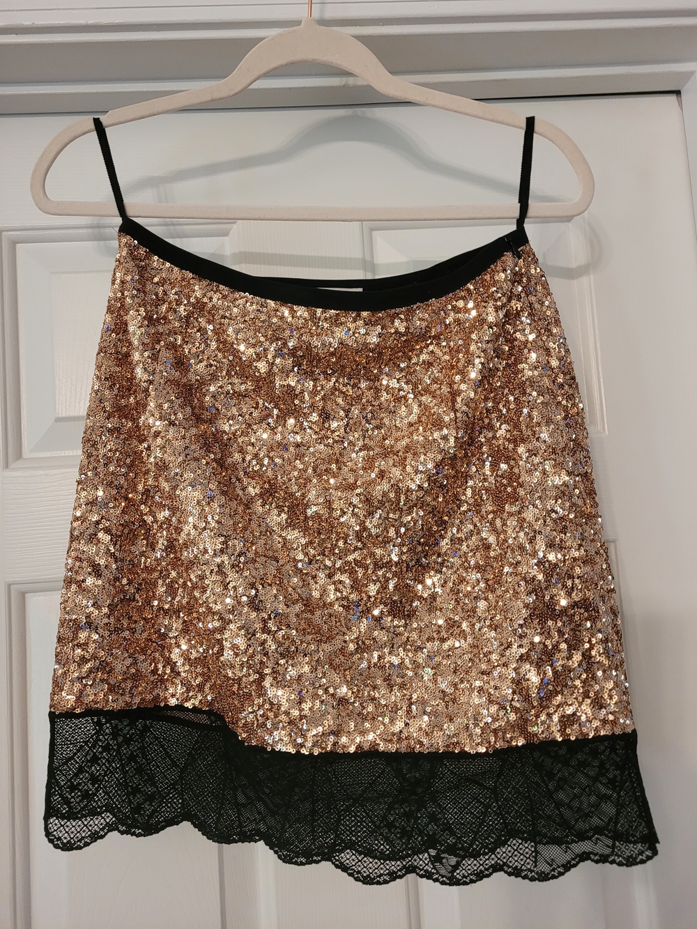Zadig & Voltaire Rose Gold Sequin Mini Skirt with Black Lace Hem